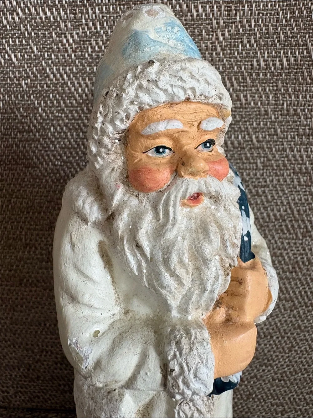 RAZ Imports White Father Christmas Santa Claus Figurine Blue Sack  Folk Art 7.5”